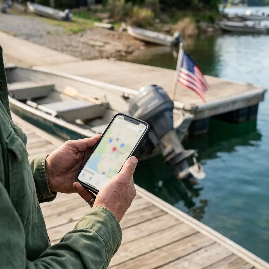 Boater checking boat ramp locations on a smartphone near a dock, with a small American flag on a boat in the background