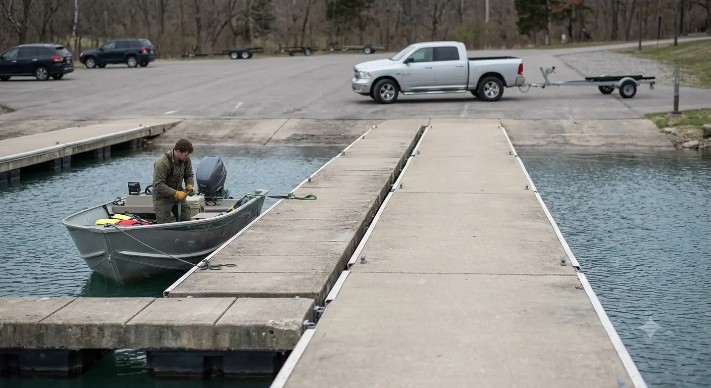 Boat tied up at a courtesy dock beside a clear, unobstructed boat ramp lane