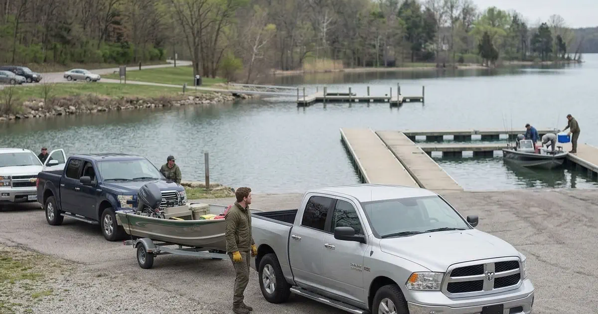 Boater waiting courteously in line at a busy public boat ramp