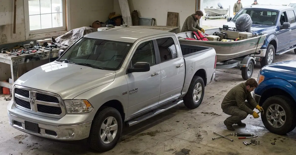 Boat trailer wheel and hitch area being inspected for routine maintenance
