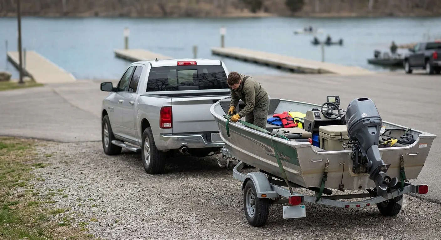 Boat and trailer being rigged in a staging area away from the boat ramp lanes