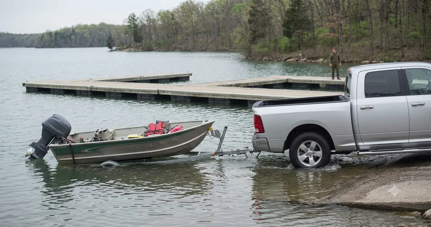 Truck and trailer backed into the water with the waterline visible against the trailer tires for scale