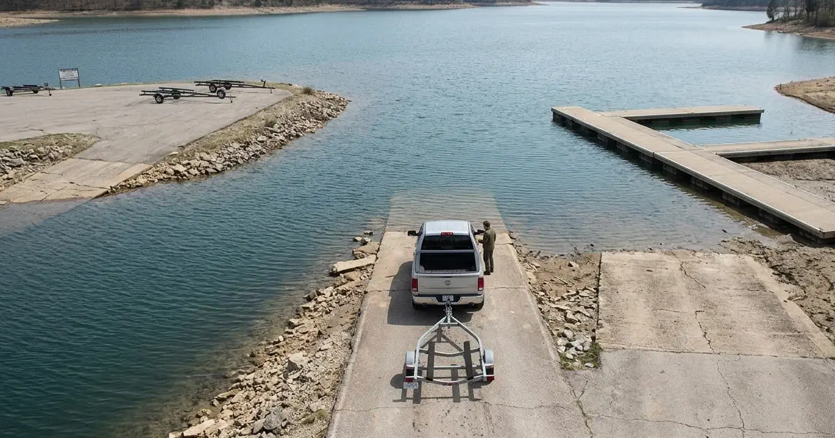 Boat ramp extending into the water, showing where the paved surface meets the waterline