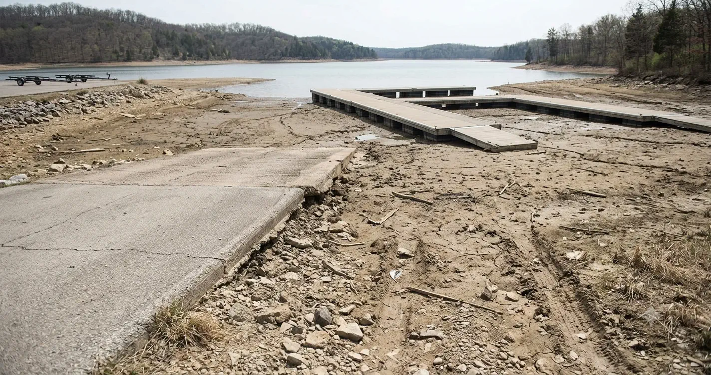 Low-water boat ramp where the paved surface ends short of the current waterline, exposing mud and rock