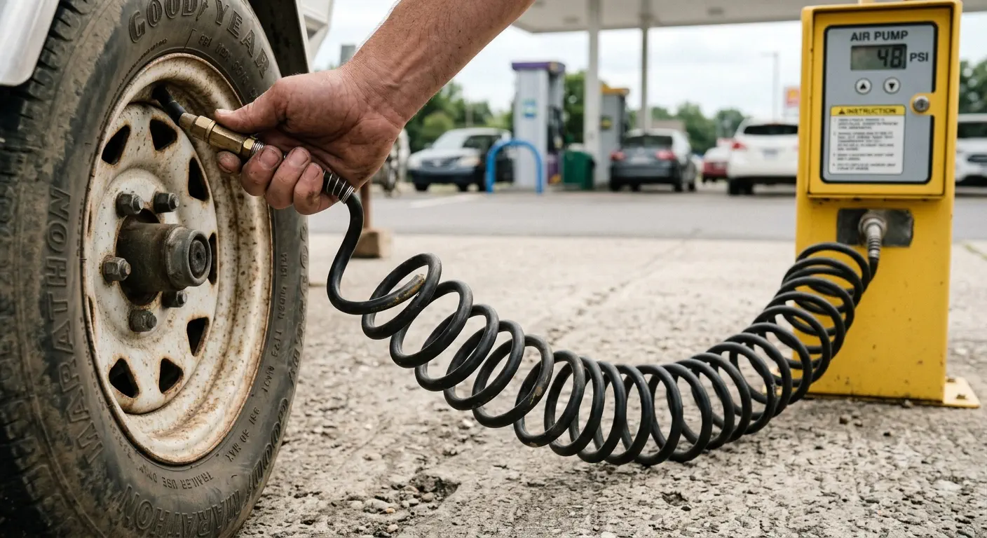 Checking boat trailer tire pressure at a gas station air pump