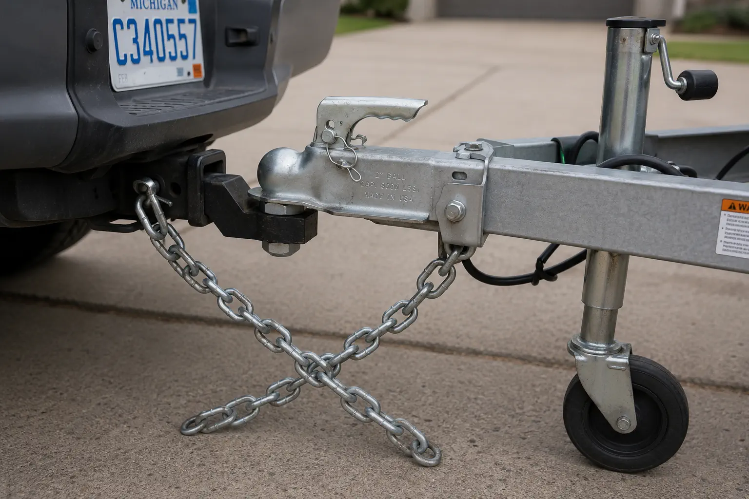 Boat trailer coupler latched with safety chains crossed underneath