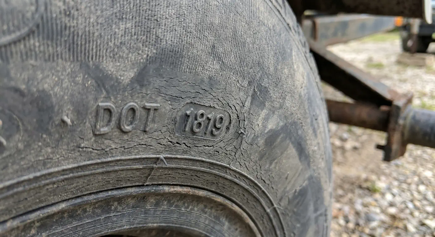 Close-up of a trailer tire sidewall showing the DOT date code and weather-checking cracks