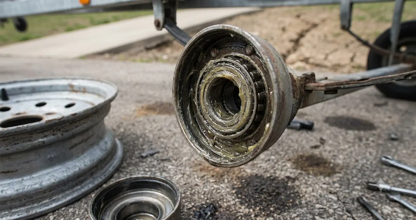 Trailer wheel hub with the bearing protector cap removed, showing grease and the bearing assembly